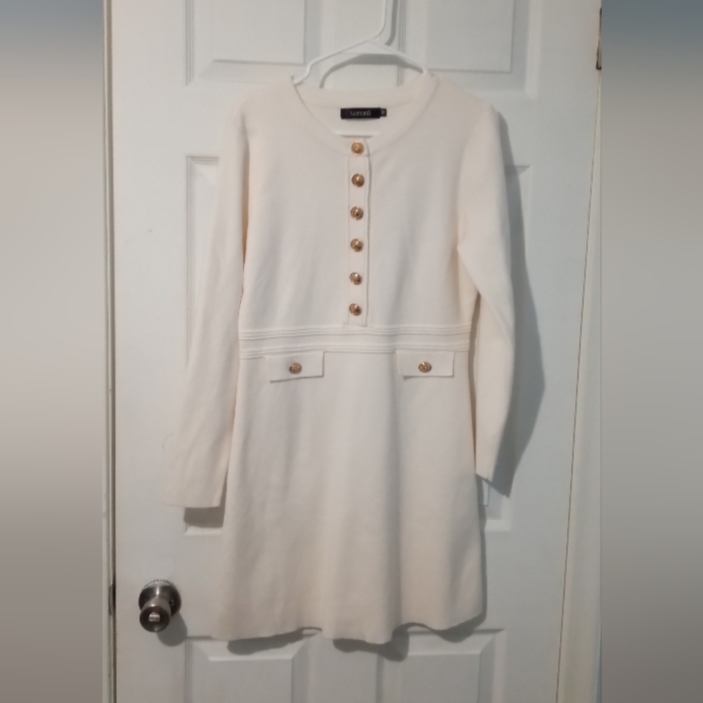 Nenona Cream Long-Sleeve Button-Front A-Line Dress